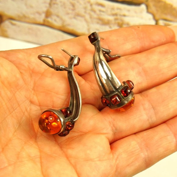 OOAK AMBER 925 SILVER HUGGIE EARRINGS with OMEGA BACKINGS, UNIQUE GIFT FOR WOMEN - Picture 6 of 12